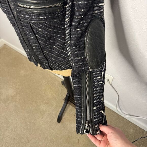 Isabel Marant Wool Silk Crista Moto Jacket Leather Trim Black Tweed Size 1 S - Picture 4 of 13